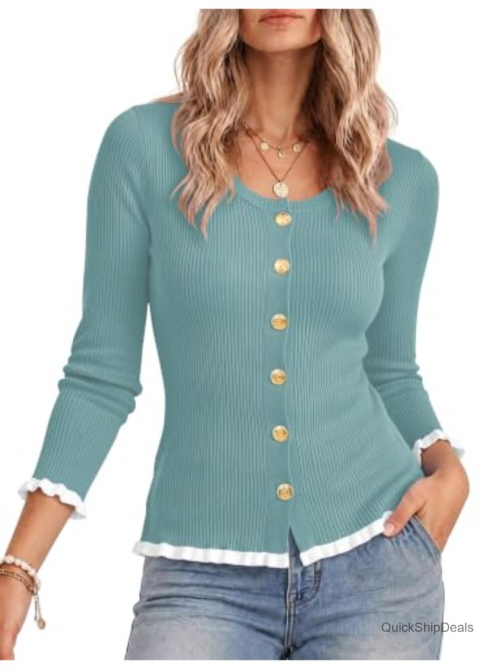 Ruffle Cardigan Sweater Lightweight Long Sleeve Crew Neck Button